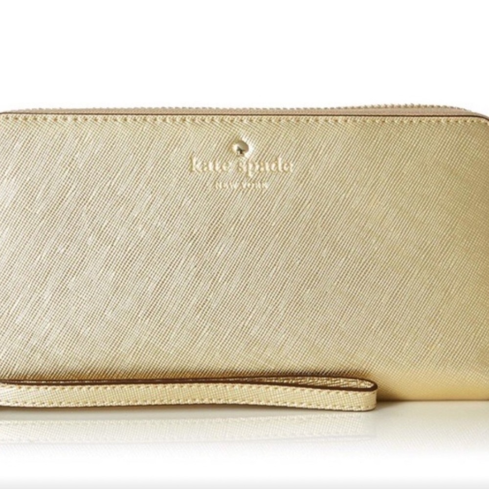 Kate Spade Gold metallic full size zip Wallet with Phone Storage & wrist strap